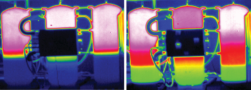 malotech: Thermogramm des Schichtspeicher-System Typ K. Links bei der Beladung mit Wärmeenergie, rechts bei der Entnahme durch das Frischwassermodul.