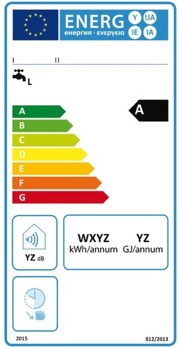 ErP-Etikett für konventionelle Warmwasserbereiter, die hinsichtlich der Warmwasserbereitung in die Energieeffizienzklassen A bis G eingestuft sind.