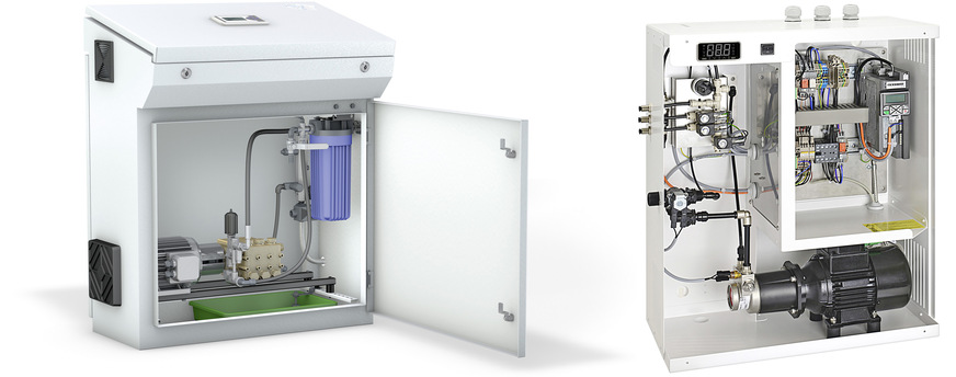6 Hochdrucksysteme (links) und Niederdrucksysteme (rechts) pressen mit einer Pumpe Wasser durch feine Düsen, sodass ein dichter Aerosolnebel entsteht. Die winzigen Tröpfchen verdunsten im Luftstrom. Bei Hybridbefeuchtern wird die Luft über einen Verdunstungskörper geführt.
