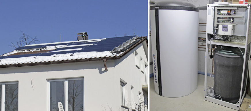 3 Im Monitoring betreute Solink-Anlage mit 40-m2-PVT-Kollektorfläche (links) und Komponenten (Kombispeicher, Wärmepumpe und Eisspeicher) (rechts).