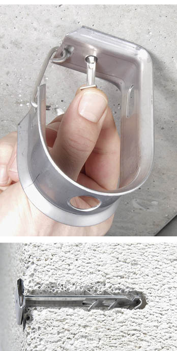 4&nbsp;Zur Installation des MDSN-Metallstecknagels wird außer der Bohrmaschine kein Werkzeug benötigt, er wird mit dem Finger ins Bohrloch ­gedrückt. So fixiert er Schellen, Kabelbügel und Sammelhalter sicher an der Wand und an der Decke.