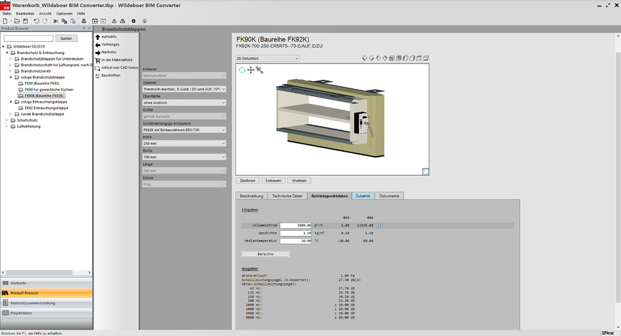 Bild 2: Digitaler Produktkatalog: Im Produktbrowser des Wildeboer BIM-Converters werden Bauteile samt Geometrie, technischen Daten, Betriebspunktdaten und Dokumenten angezeigt.