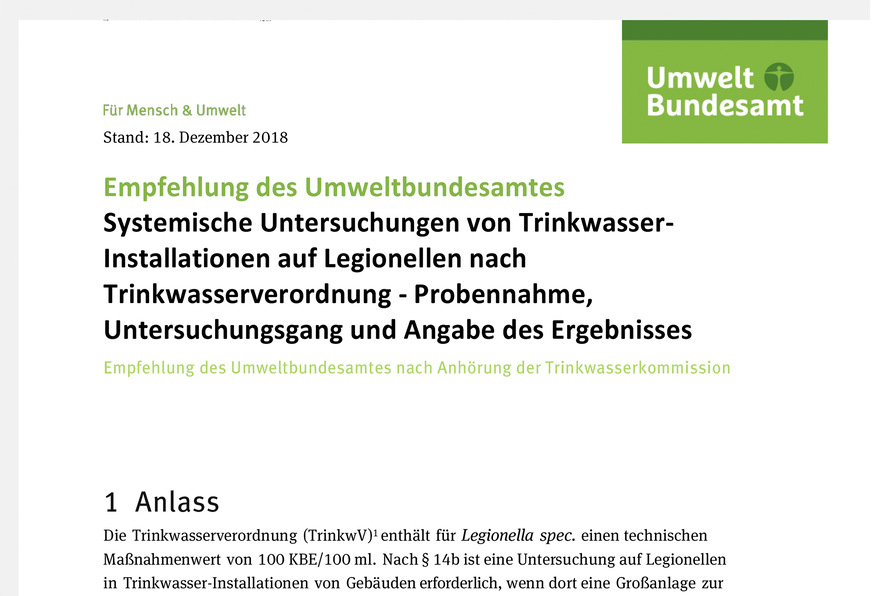 Bild 2:  Empfehlung des Umweltbundes­amtes zur Systemischen Untersuchung von Trinkwasser-Installationen auf Legionellen.