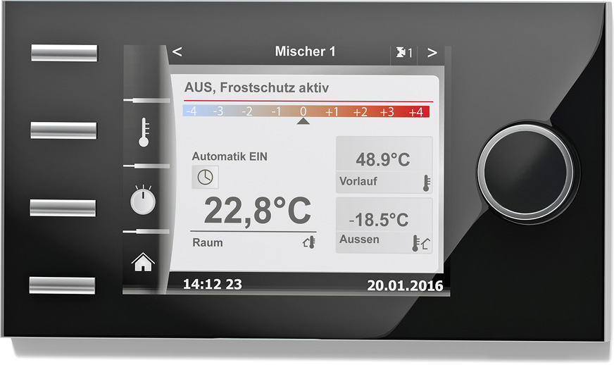 Bild 8: Bedienmodul BM-2 für die intuitive Haustechnik-Steuerung, Systemver­netzung und Möglichkeiten für eine Betriebsoptimierung nach unterschied­lichen Aspekten.