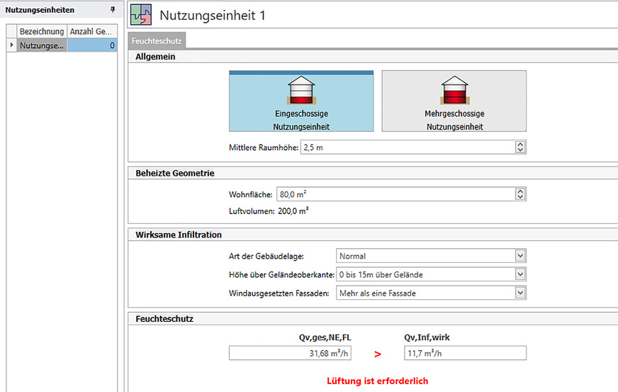 Bild 4: Vor der Prüfung und Bemessung steht die Eingabe der Gebäude- und Raumdaten.