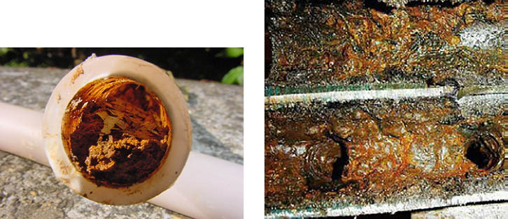 Bild 2: Schlammablagerung in einem Fußbodenheizungsrohr und Korrosionsschaden an einem Verteiler (aufgeschnitten).