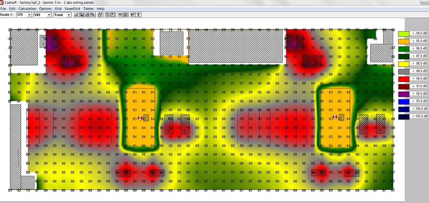 Bild 9: Isolinien- oder Isoflächengrafiken machen die Ergebnisse der Akustikberechnung wie Nachhallzeit oder Schalldruckpegel besser ablesbar, hier: Schallpegelverteilung in einer Industriehalle.