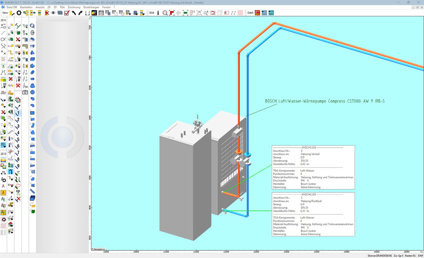 Bild 3 Heizkreis-Anschluss der Luft/Wasser-Wärmepumpe Bosch Compress 7000i AW 9 im CAD-Programm Rukon.  