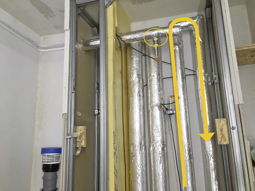 Bild 2: An jedem Abzweig einer zirkulierenden Warmwasserleitung ergibt sich während Stagnationsphasen systematisch ein hohes Risiko für Legionellenwachstum aufgrund der langen Verweilzeit des Wassers im Abzweig bei ungünstigen Temperaturen.