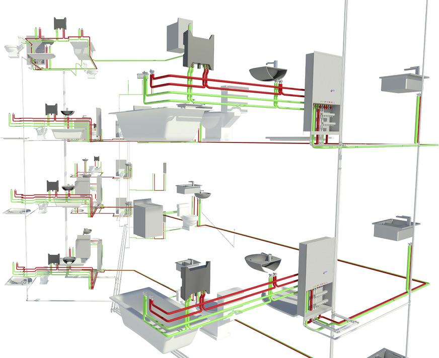 Bild 6: Das Trinkwasser-Planungskonzept liefert bestmöglichen Schutz vor Legionellenvermehrung, auch bei Nutzungsunterbrechungen sowie hohen Warmwasserkomfort. Es kommt komplett ohne zirkulierendes oder gespeichertes, erwärmtes Trinkwasser aus.