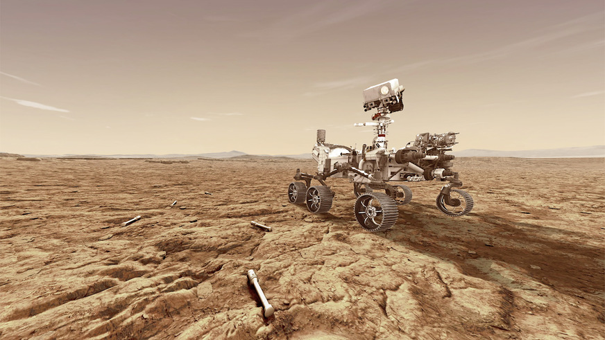 Bild 1 Der US-Rover Perseverance soll auf dem Mars Stein- und Staubproben unter anderem in superkeimfreien ­Probenrohren sichern. 