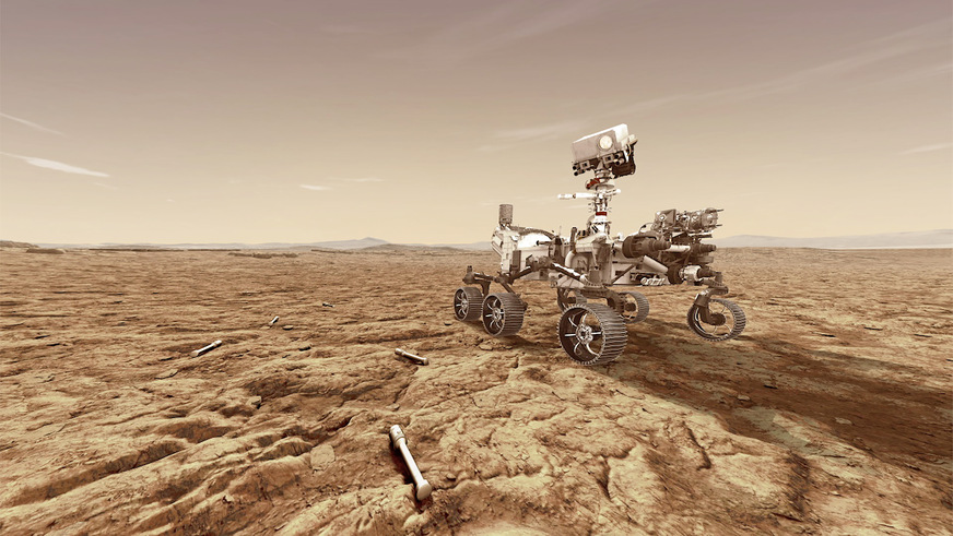 Bild 1 Der US-Rover Perseverance soll auf dem Mars Stein- und Staubproben unter anderem in superkeimfreien Probenrohren sichern.