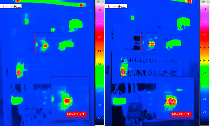 Bild 7: Höhere Detektorauflösungen, thermische und geometrische Auflösungen liefern bessere Bildquali­täten und präzisere Messwerte – Vergleich der Detektorformate 160 × 120 (links) und 1280 × 960 (rechts).