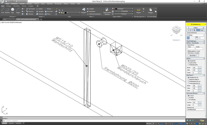Bild 3 Für die rationelle 2D- und 3D-Planung von Schlitzen und Durchbrüchen bietet TGA-CAD zahlreiche Funktionen und Automatismen.