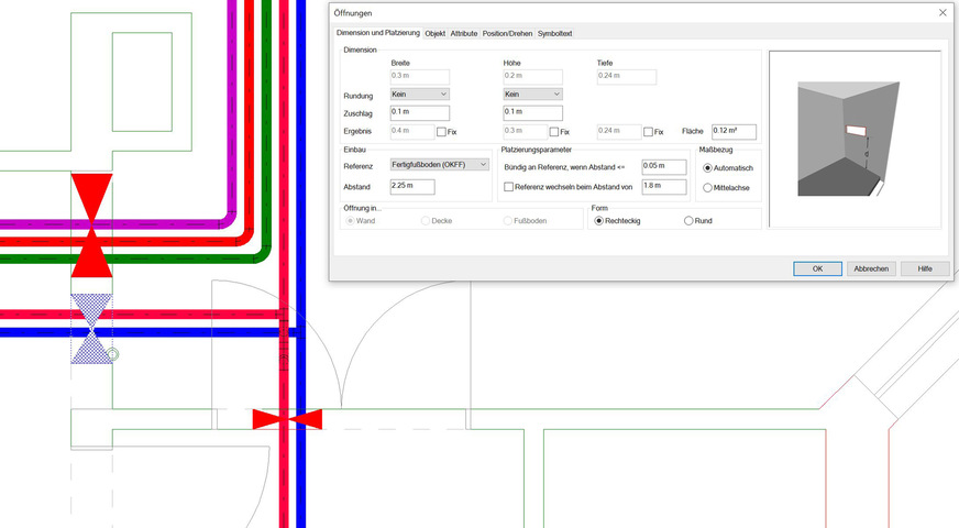 Bild 6 Stimmen alle Voreinstellungen, werden Schlitze und Durchbrüche für eine Leitung, einen Bereich oder den gesamten Grundriss automatisch und korrekt generiert.