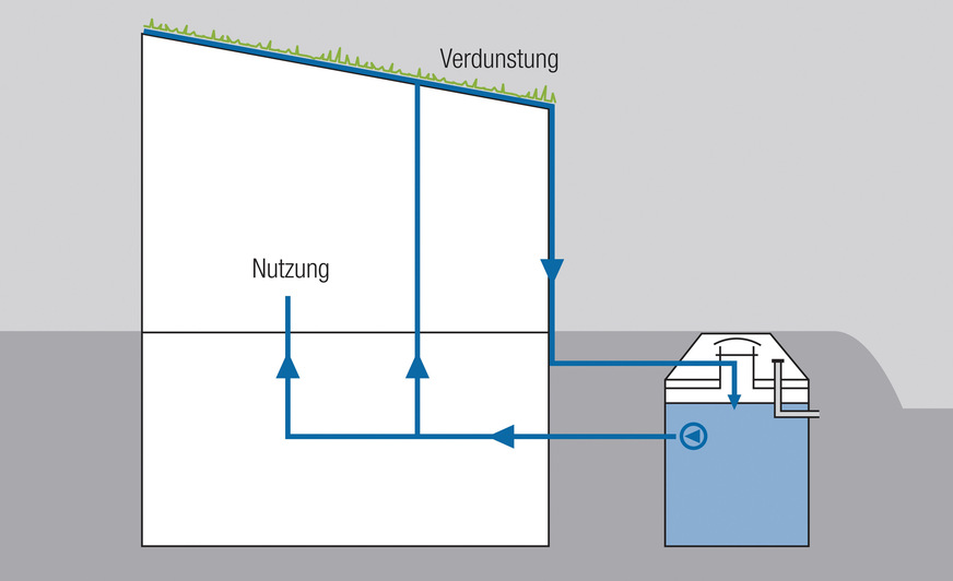 Droht ein Verteilungskampf um Regenwasser? Stadtplaner wollen Niederschläge vorrangig über Gründächer verdunsten, zugunsten der City-Kühlung und Luftbefeuchtung im Sommer. Investoren wollen es in Gebäuden nutzen, um Trinkwasser zu sparen und den Immobilienwert durch ein Nachhaltigkeitszertifikat hoch zu halten.