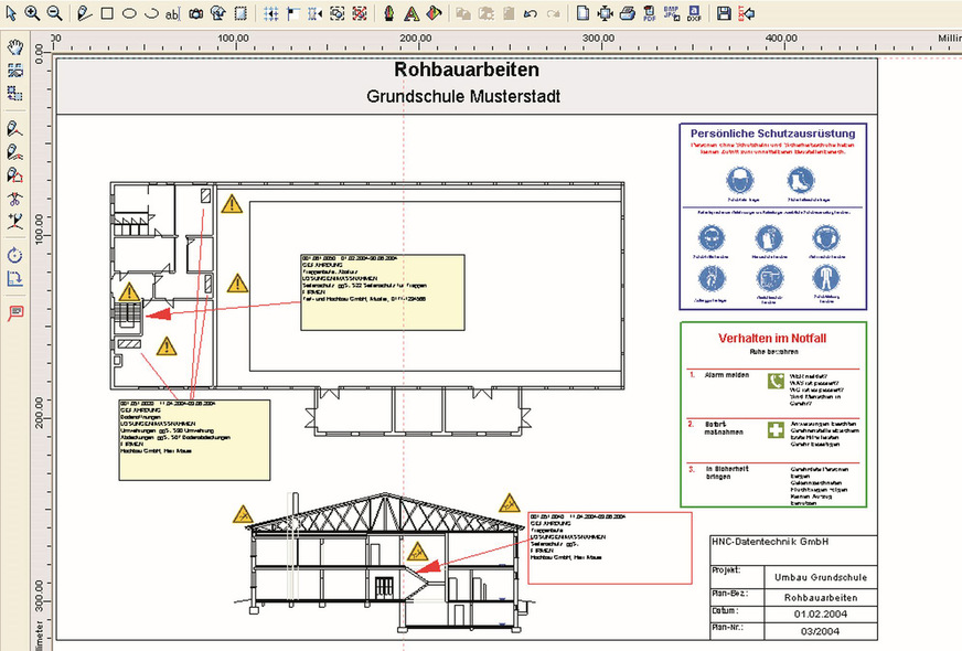 Bild 8 Ein DXF- oder PDF-Import ermöglicht das Einlesen von Gebäudeschnitten und -grundrissen und das Einfügen von Hinweisen in die Plangrafik.