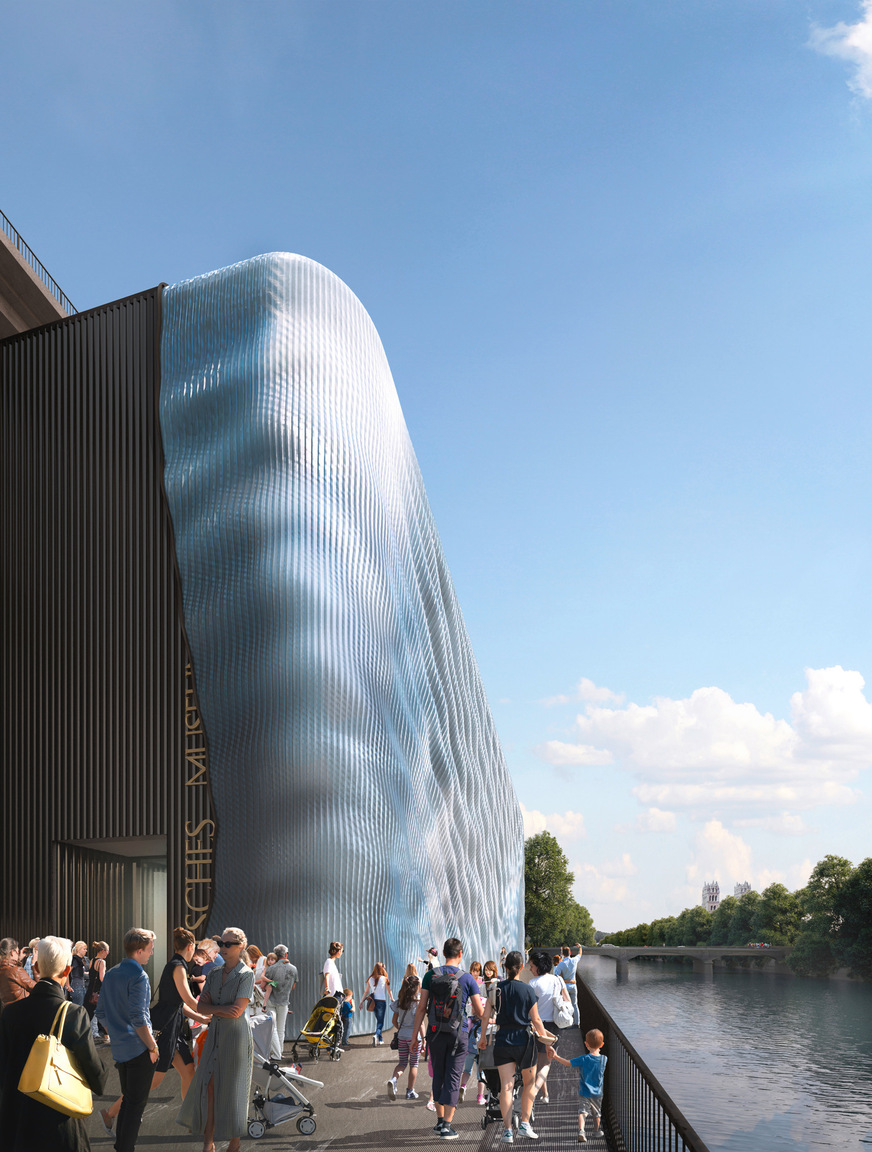 Bild 3 Recycling ist der neue Mainstream, auch in der Architektur. Für einen Interimsbau (100 % aus Recyclingmaterial) des Deutschen Museums in München wurde eine temporäre Fassade im 3D-Druck erstellt. Dieses Druckverfahren schafft luftgefüllte Hohlräume, die gleichzeitig für Stabilität und Dämmung sorgen. Dünne regengeschützte Lüftungskanäle ermöglichen eine natürliche Belüftung, vorausberechnete standortbezogene Wölbungen sorgen für Verschattung. Durch die Verwendung von Rezyklat ist der GWP-Wert negativ, wirkt sich also günstig auf die CO2-Bilanz des Gebäudes aus. Entwurf und Planung Fassade: 3F Studio.