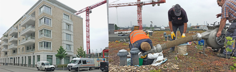 Bild 5 Sanierung von 20 Regenwasser-Fallleitungen mit über 500 m Leitungslänge in drei Neubau-Objekten mit einem Schlauchlining-System von Juni bis September 2018. In dem von Gilles Kanaltechnik, Heimbach Vlatten, abgewickelten Projekt wurden falsch verlegte RW-Fallleitungen aus PE-HD saniert. Dabei musste gewährleistet werden, dass die Funktionsfähigkeit der vorhandenen Brandschutzmanschetten/Rohrabschottungen erhalten bleibt. Diese Anforderung wurde im Vorfeld durch umfangreiche Tests sichergestellt. Die Leitungen ab einer Nennweite DN 100 wiesen sehr verzweigte Verläufe mit teilweise mehr als vier 90°-Bögen auf weniger als 20 m Länge auf. Die Leitungen konnten mit dem Schlauchlining-Verfahren erfolgreich saniert werden. Die Aushärtung erfolgte aufgrund der vorhandenen Rohrabschottung bei Umgebungstemperatur.