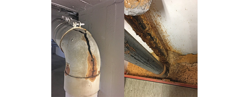 Bild 2, Bild 3 / Links: Riss in einer Gebäudeentwässerungsleitung. Rechts: Korrosion an einer Gebäudeentwässerungsleitung.