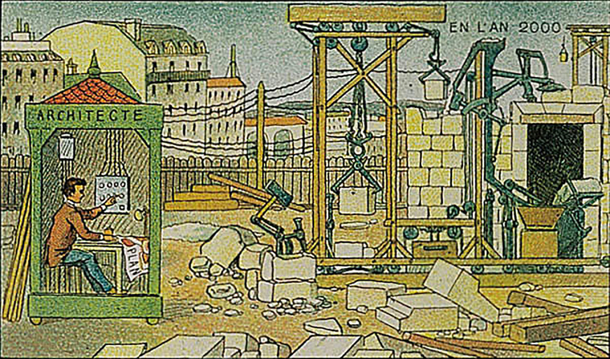 Bild 3 Eine Serie retro-futuristischer Karten des Künstlers Villemard aus dem Jahr 1910 zeigt unter anderem, wie das Leben im Jahr 2000 sein könnte. Schon damals gab es konkrete Vorstellungen über rationelle Baumethoden.
