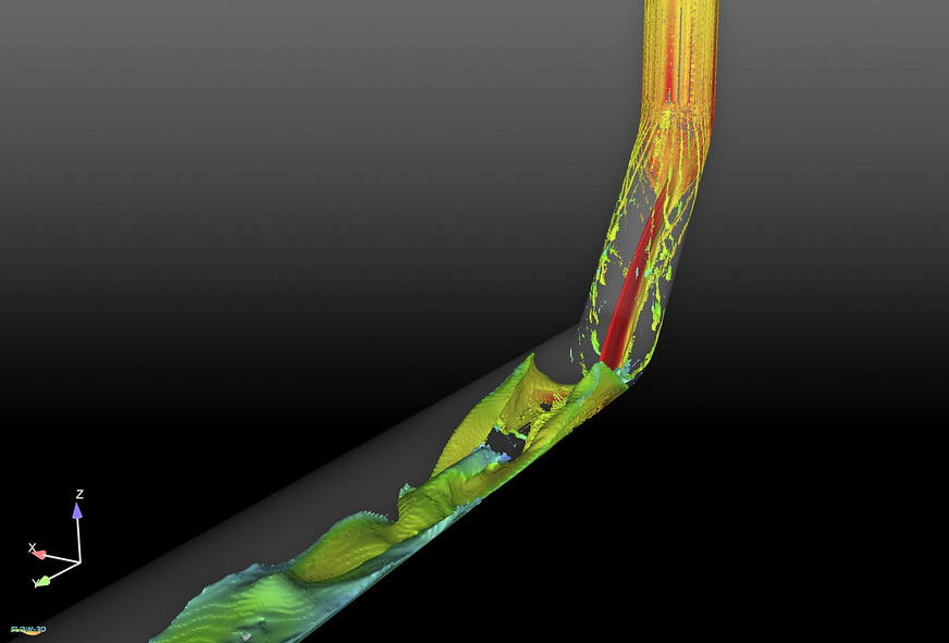 Bild 1 Strömungssimulation zur optimierten Gestaltung von Abwasserrohren für die Gebäudeentwässerung.