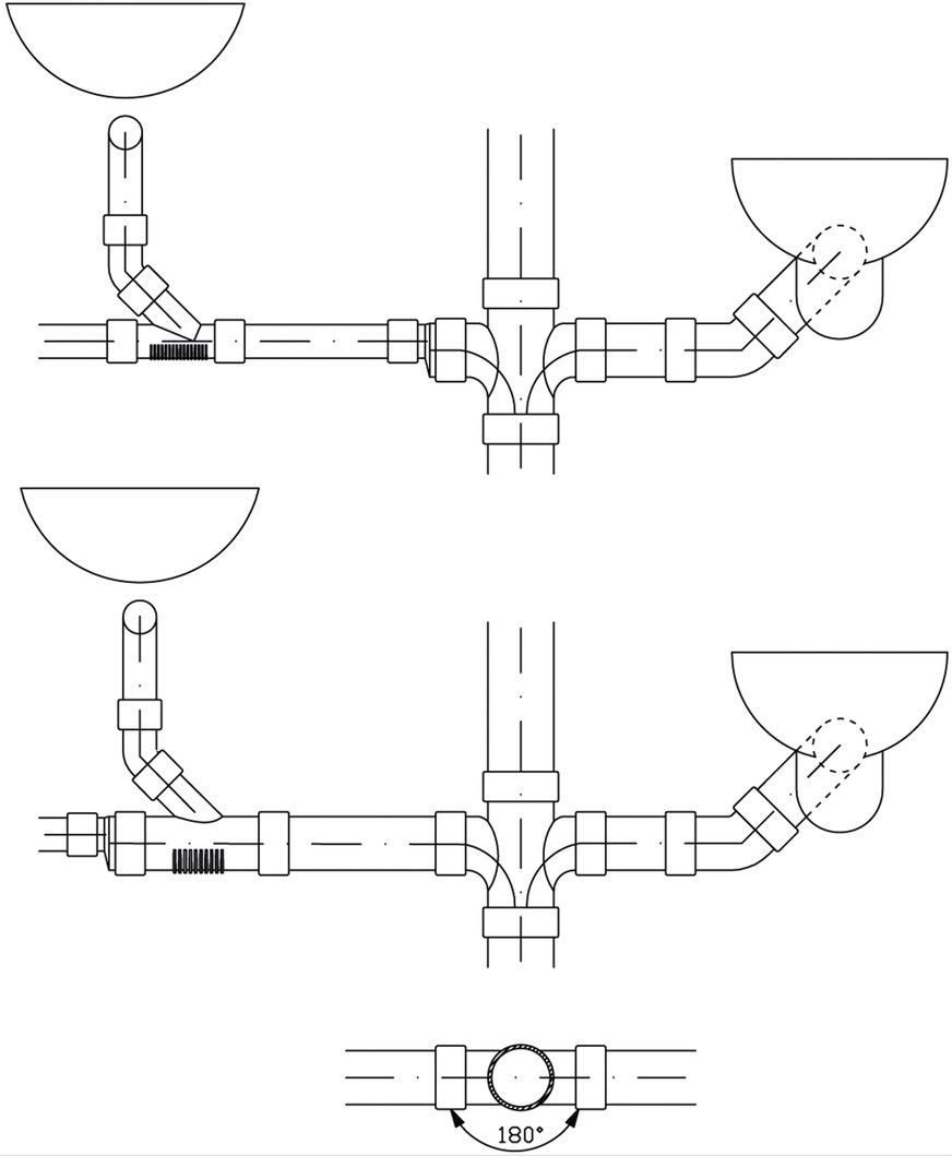 Bild 4  Dimensionierung und Verlegung: Anschluss von fäkalienfreien und fäkalienhaltigen Anschlussleitungen ohne die Gefahr des Fremdeinspülens bei einem Doppelabzweig mit Innenradius D/2.