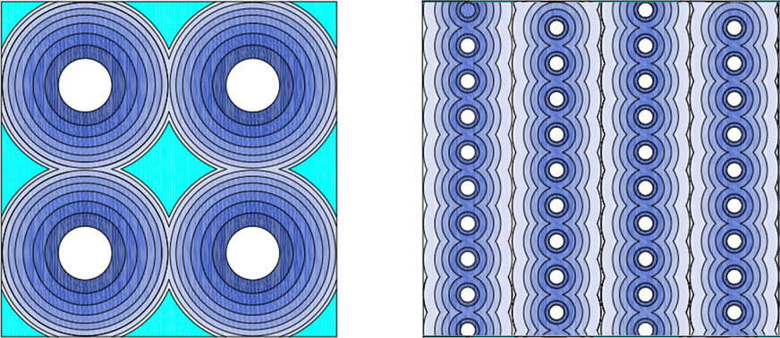 Die Nähe der Rohre zueinander bewirkt eine optimierte Wärmeübertragung. Außerdem entsteht eine sehr große Wärmeübertragerfläche. So kann ein Eisfüllgrad von annähernd 100 % erreicht werden. Links: traditionelles Rohrbündel-System, rechts: Kapillarrohr-System.