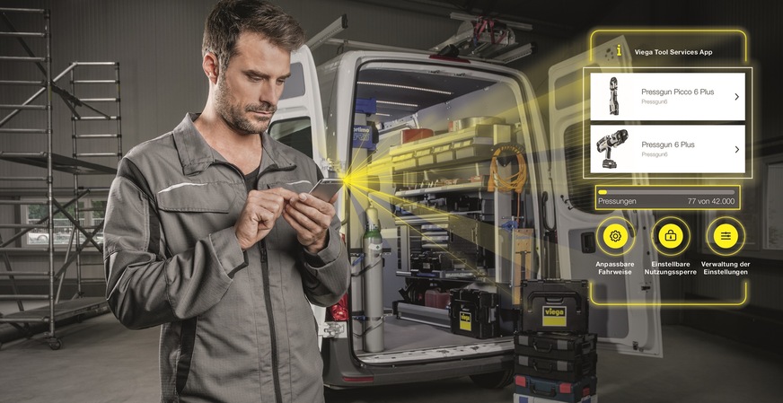 Die digitale Zukunft des Handwerks hat bei Viega bereits begonnen, beispielsweise mit den „Viega Tool Services“ zur Verwaltung von smarten Presswerkzeugen und Betriebsmitteln per Smartphone.