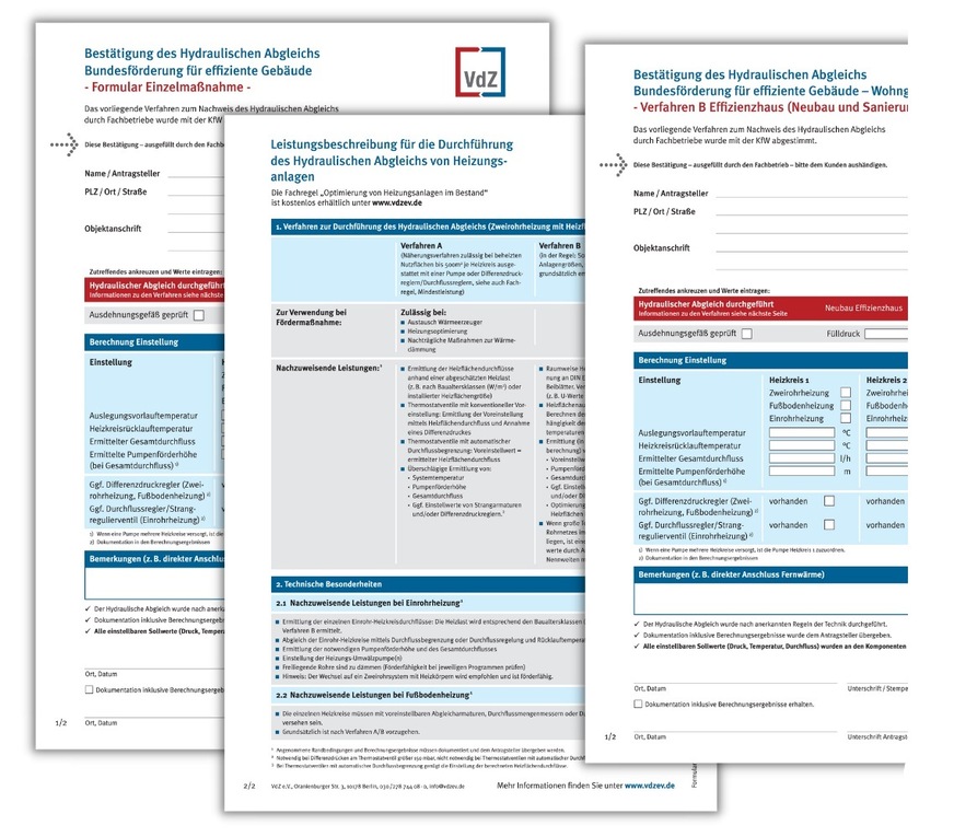 Die Verwendung der VdZ-Formulare zum Nachweis eines Hydraulischen Abgleichs ist bei der Bundesförderung für effiziente Gebäude (BEG) ist verbindlich.