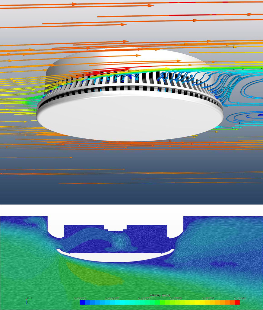 Bild 10 Auch bei der Entwicklung und Optimierung von Produkten, etwa von Rauchmeldern, leisten Luftströmungssimulationen wertvolle Dienste.