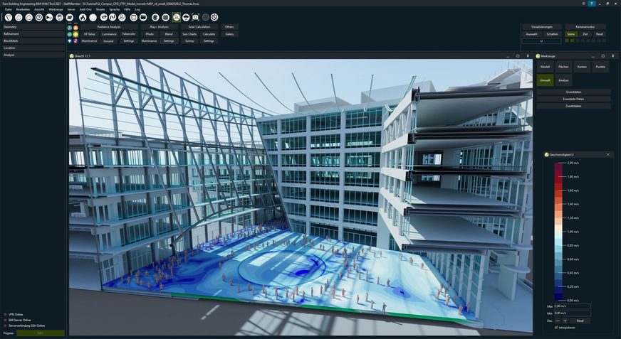 Bild 5 Problemstellen in mehrgeschossigen Empfangsbereichen und bei großformatigen Fassaden zeigen CFD-Simulationsprogramme in Bezug auf Zugerscheinungen zuverlässig auf.