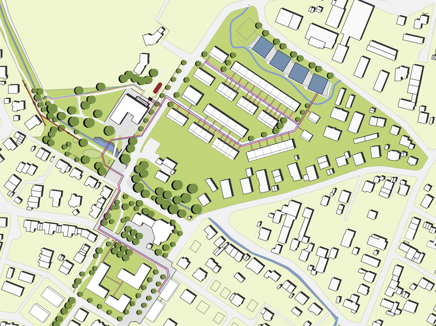 Bild 2 Lageplanausschnitt Gemeinde Schallstadt, Versorgungsgebiet des kalten Nahwärmenetzes: Neubauquartier Weiermatten (Mitte), Plusenergiehäuser (oben), neue Ortsmitte (unten) und links das neue Rathaus.