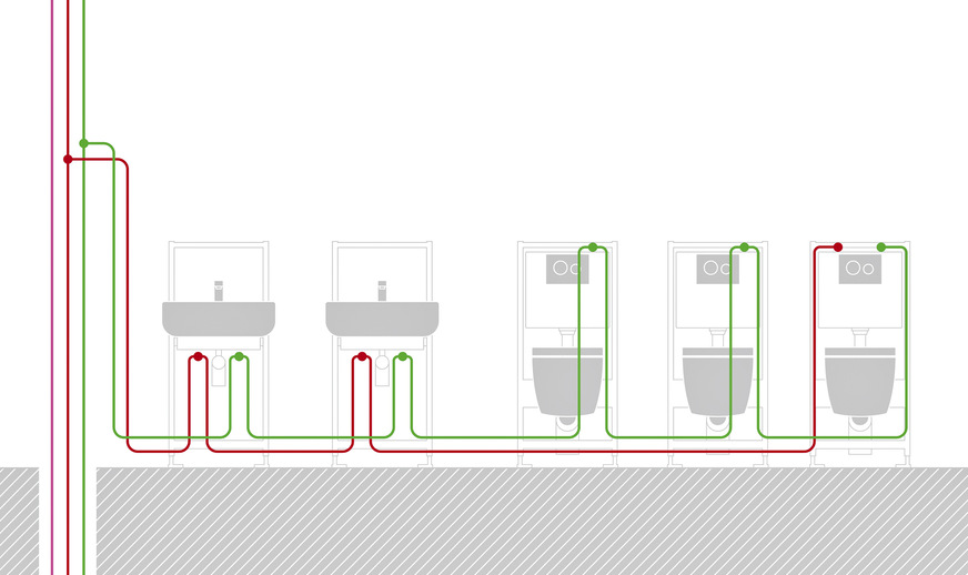 Bild 4 Das Teceprofil WC-Modul mit Hygienespülung wird als letzter Verbraucher in eine durchgeschleifte Reiheninstallation eingebunden. Mit der Platzierung im Spülkasten entfallen zusätzliche Rohrwege und Revisionsöffnungen.