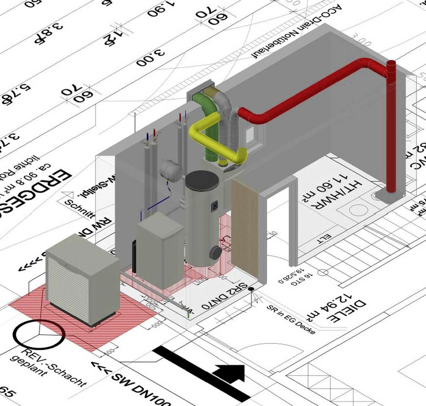 Bild 6 Bei der Planung komplexer Anlagentechnik wie einer Wärmepumpe plus kontrollierter Wohnraumlüftung kommt es auf eine besonders gute Ausnutzung des vorhandenen Raumangebotes an. Dafür eignet sich ideal eine 3D-Darstellung der geplanten Komponentenaufstellung.