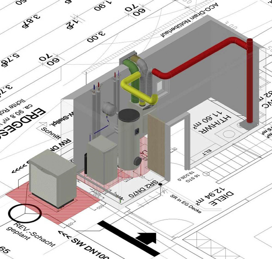 Bild 6 Bei der Planung komplexer Anlagentechnik wie einer Wärmepumpe plus kontrollierter Wohnraumlüftung kommt es auf eine besonders gute Ausnutzung des vorhandenen Raumangebotes an. Dafür eignet sich ideal eine 3D-Darstellung der geplanten Komponentenaufstellung.