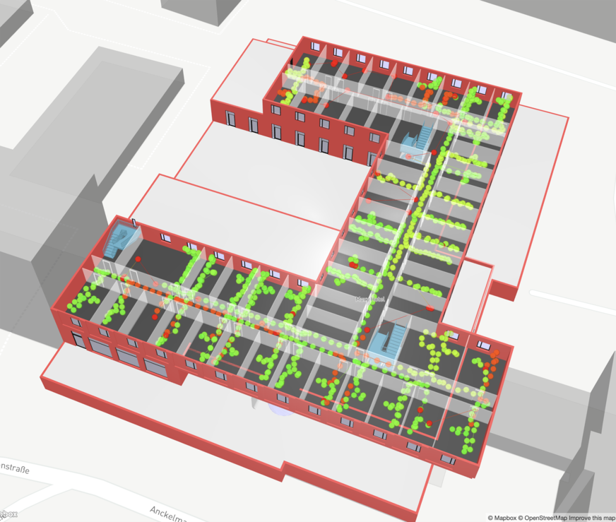 Bild 4 3D-Visualisierung einer Verfügbarkeitsmessung. Die Messdaten sind exakt verortet und geben unter anderem Aufschluss über Signalstärke, Empfangsqualität, Signal-Rausch-Verhältnis, Band und Cell-ID.