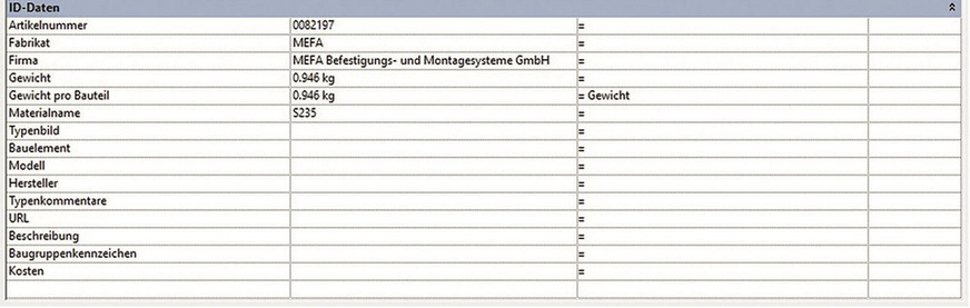 Bild 8 Neben der Detailgenauigkeit der grafischen Darstellung reduziert sich bei niedrigeren LOD-Werten auch der Umfang der Metadaten erheblich. Diese Tabelle zeigt die Metadaten für die gleiche Rohrschelle Maxima PSM, allerdings für LOD 100.