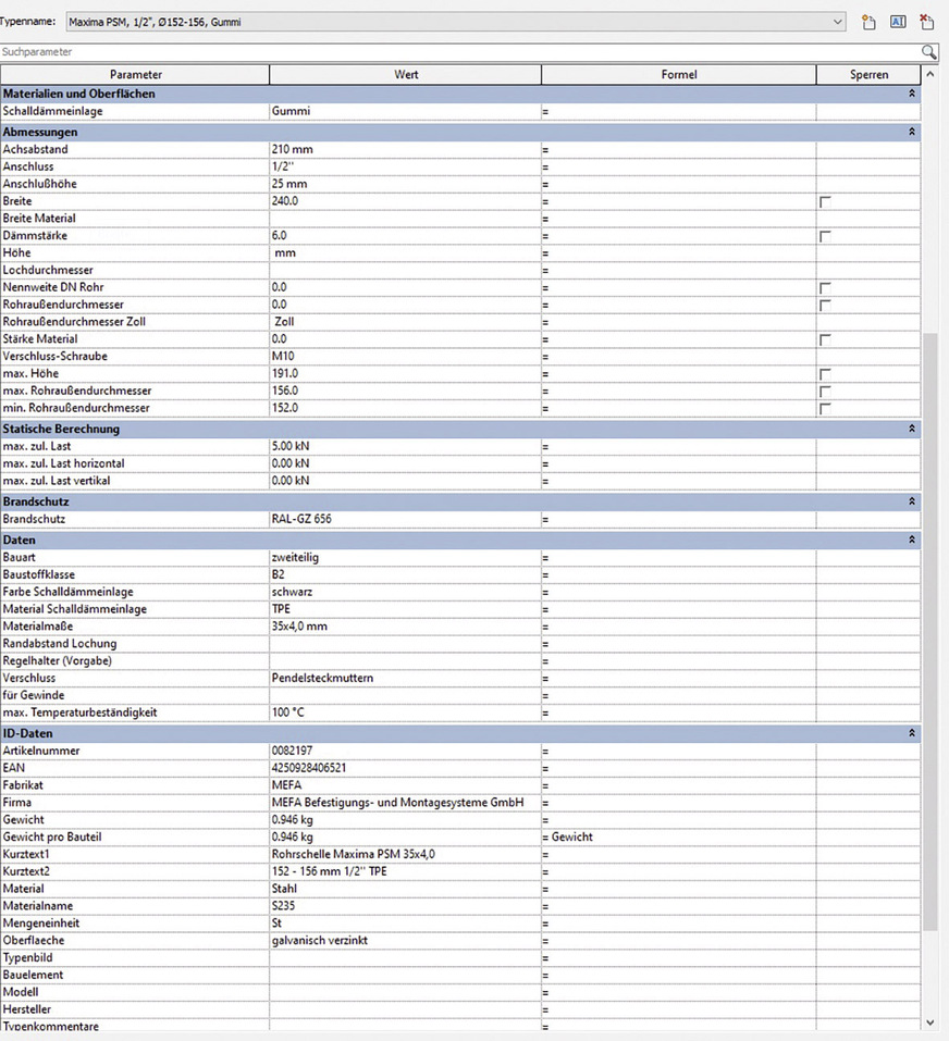 Bild 7 Metadaten für eine Rohrschelle Maxima PSM im LOD-400-Modell mit vollständigen Angaben für die Bauausführung. Zusätzlich zu den technischen Angaben enthalten die Metadaten auch eine Vielzahl kaufmännischer Angaben.