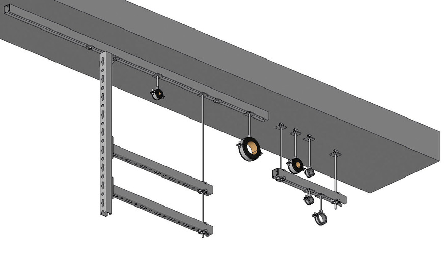 Bild 6 Die gleiche Konstruktion in LOD 300 dargestellt. Hier sind die Rohrschellen komplett abgebildet und die Produktdetails deutlich zu erkennen. Ebenso werden bei solchen Modellen wesentlich umfangreichere Metadaten mitgeliefert als zum Beispiel bei LOD 100.