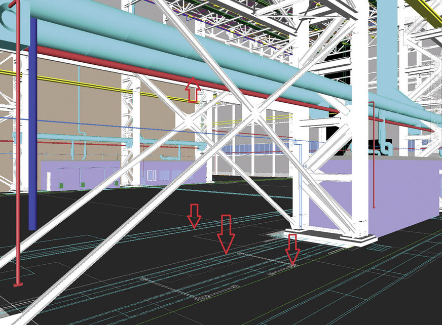 Bild 4 Nicht immer liefern alle Teilnehmer eines BIM-Projekts ihre Daten in der erforderlichen Qualität. Hier hat der Lüftungsbauer seine Daten in 2D geliefert: Die Kanäle liegen „auf dem Boden herum“ und erfordern aufwendige Nacharbeiten.
