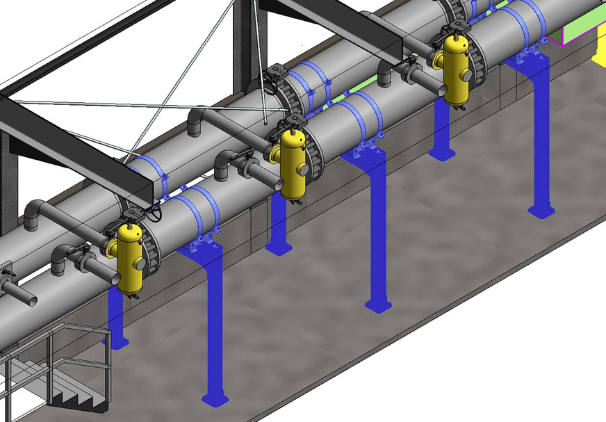 Bild 2 Für Detailplanungen einzelner Gewerke werden aus dem BIM-Modell Arbeitsbereiche exportiert wie hier die Rohrtrasse. Die Rohrhalter von Mefa sind bei diesem Beispiel blau eingefärbt.