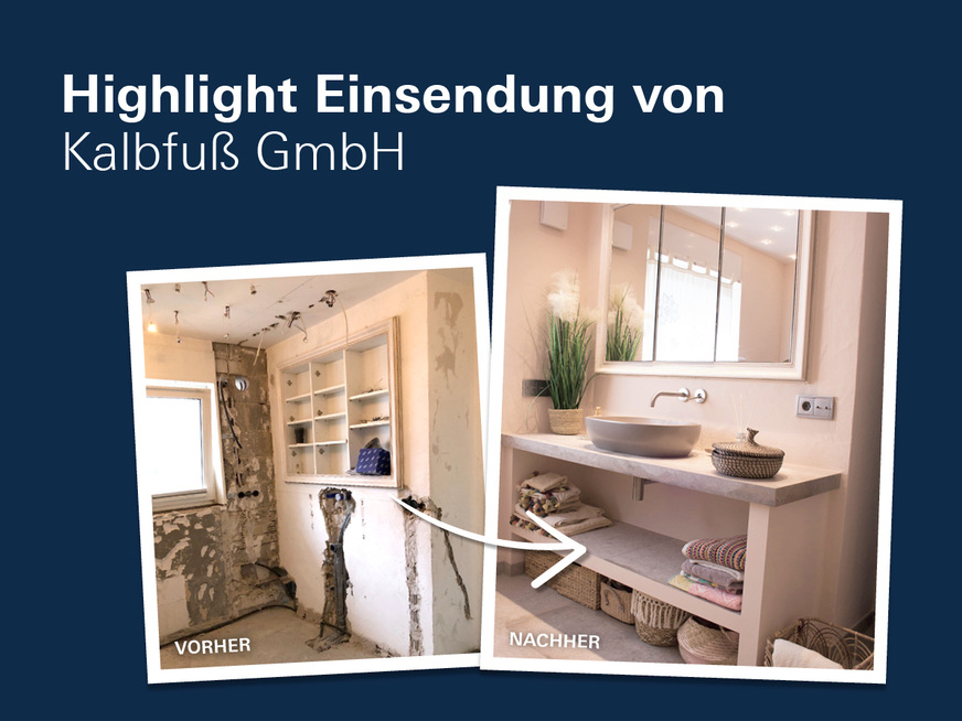 Ein preisverdächtiges Highlight: Vorher- und Nachher-Einsendung der Firma Kalbfuß GmbH aus Bad Dürkheim. Die Grohe Atrio Wandarmatur fügt sich perfekt in das Wohlfühlbad in warmen Farbtönen ein. 