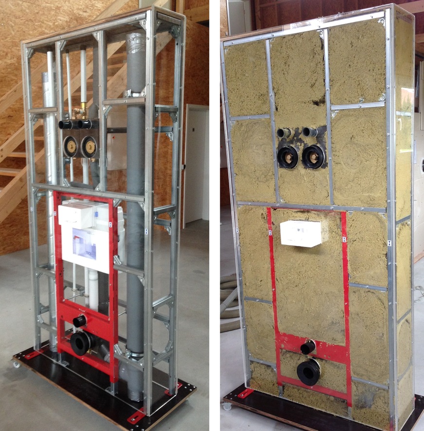 Bild 1 Installationsschacht unbefüllt (links) und Installationsschacht mit EBD Technologie befüllt.