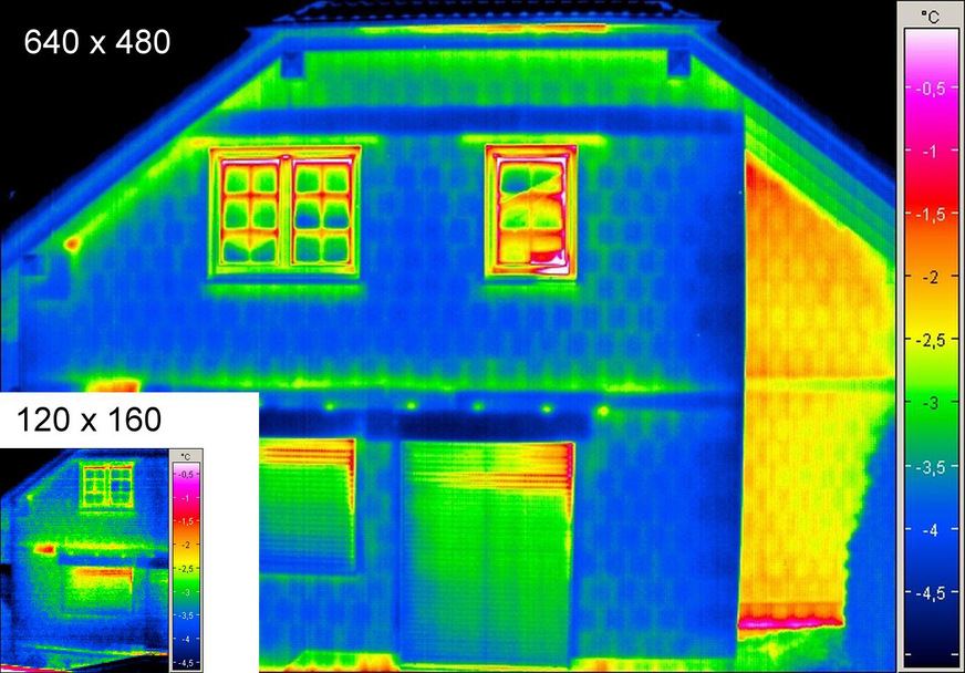 Bild 10 Bedenken sollte man aber stets, dass Details nur bei höheren IR-Auflösungen erkennbar werden: Vergleich: 120 × 160 IR-Pixel und 640 × 480 IR-Pixel.