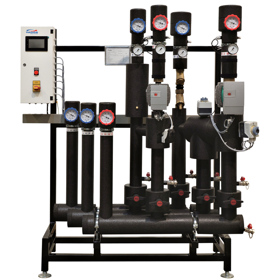 Bild 3 Beim Yados EnergieEffizienzVerteiler sind sämtliche Heizkreise und Bauteilgruppen (Drei-Wege-Ventil mit Stellantrieb, Hocheffizienzpumpen und Wärmezähler) ab Werk fertig vormontiert.