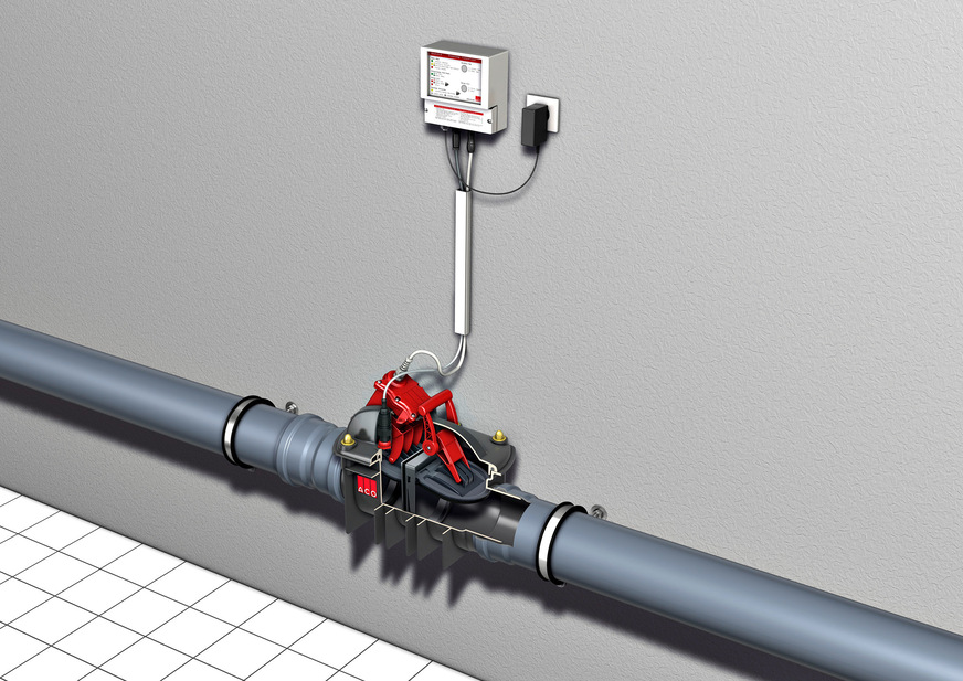 Bild 9 Wenn sich ein WC, auf das bei einem Rückstauereignis verzichtet werden kann, unterhalb der Rückstauebene befindet, kann ein Rückstauautomat, hier freiliegend in der Rohrleitung verbaut, die Rückstausicherung übernehmen.
