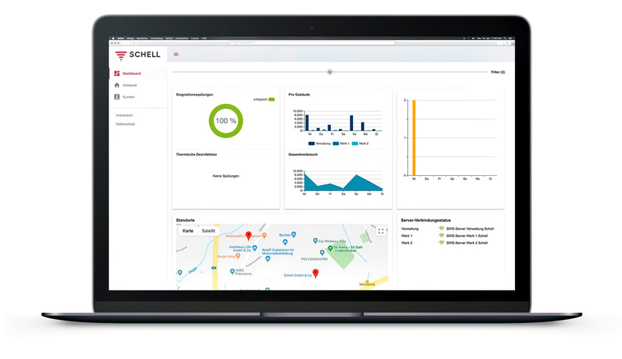 Bild 4 Mit Smart.SWS, der Ergänzung des Wassermanagement-Systems SWS, können Nutzer online Analysedaten abrufen und wichtige Statusmeldungen und Auswertungen gebäudeübergreifend prüfen. Testzugang: https://sws.schell.eu/schell/demo