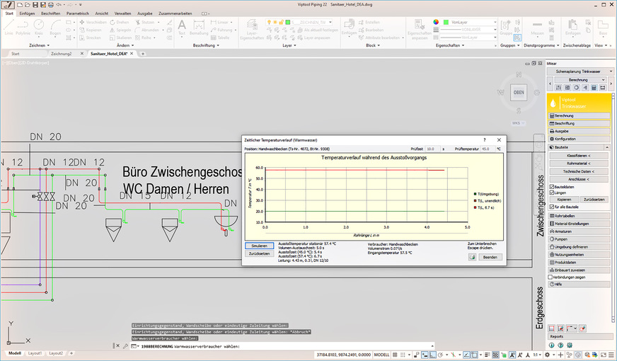 Bild 9 Mit Simulationen des zeitlichen Temperaturverlaufs lassen sich Kalt- und Warmwasserleitungen hygienisch optimieren.