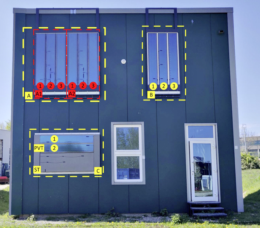 Bild 10 Fassade mit unterschiedlichen Varianten zur Solarenergienutzung.